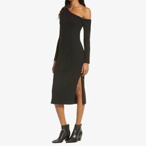 Charles Henry Women Black Cable Knit One Shoulder Long Sleeve Midi Dress Size L